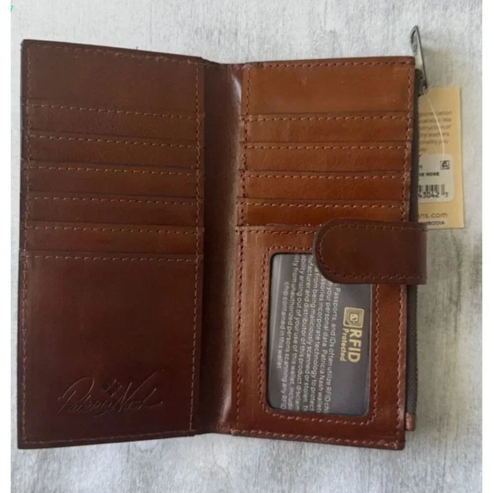 Patricia Nash NAZARI Leather Bifold Wallet Floral Sienna Sunset Brown